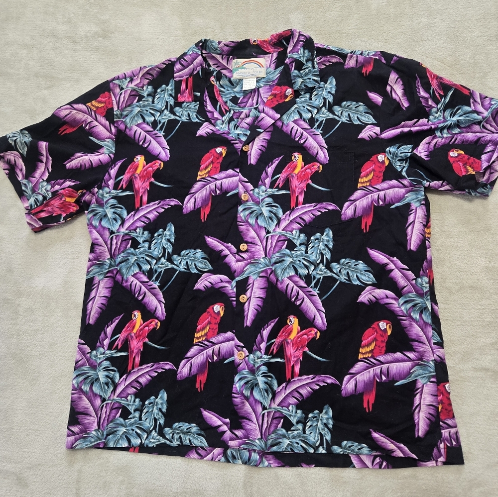 VTG Paradise Found Hawaiian Aloha Shirt Mens Sz XL Magnum PI Parrot AOP USA